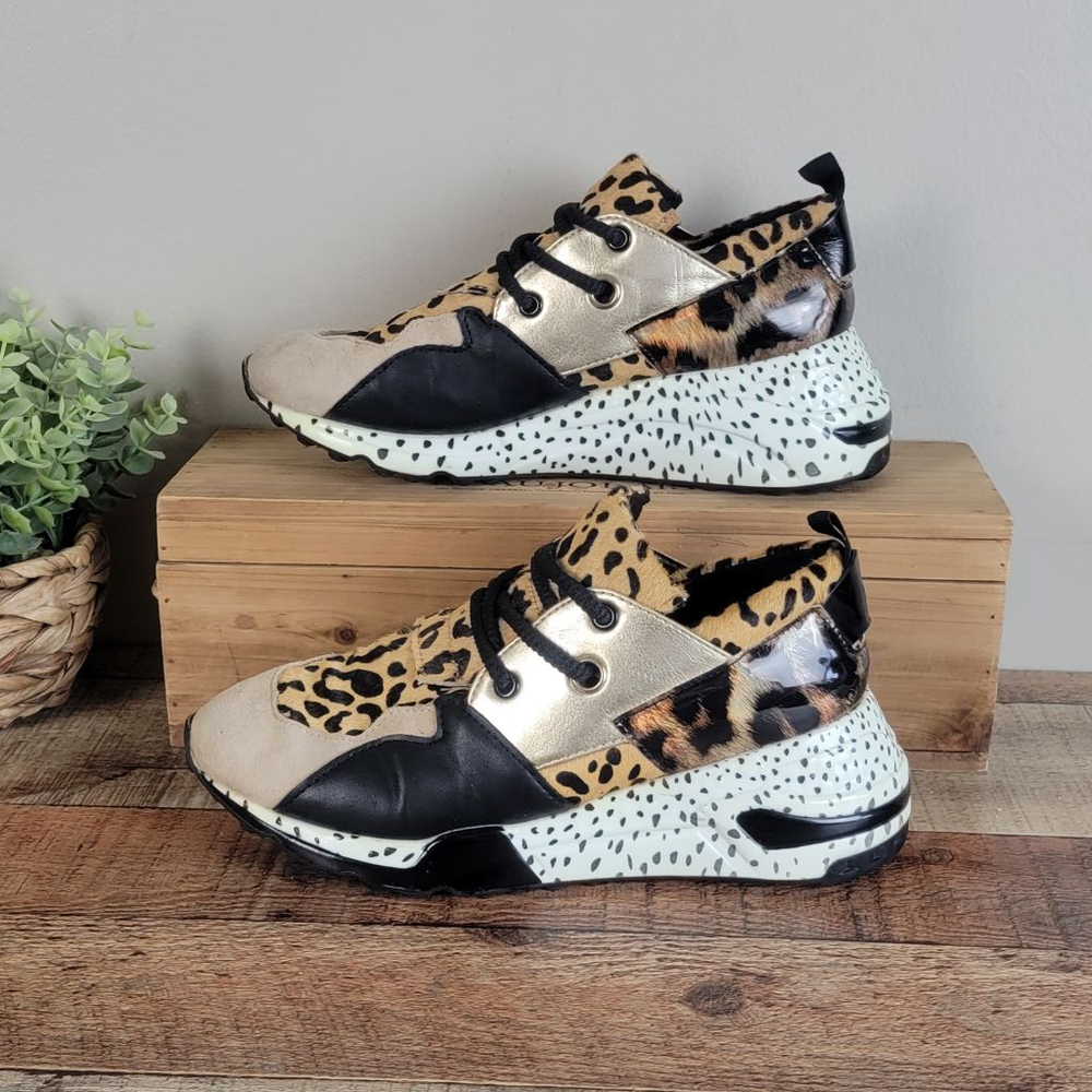 Steve Madden 8 Cliff Leather Leopard Animal Print Sneakers Shoes Lace Up Fashion - Picture 2 of 16